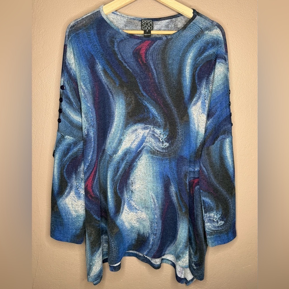 Clara Sunwoo Abstract Blue & Black Crew Sweater Size Med Grandmacore Cozy Knit